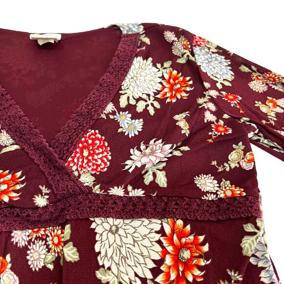 Old Navy MEDIUM Maroon Floral Empire Waist V-Neck Bust Detail Blouse Top - Picture 12 of 16